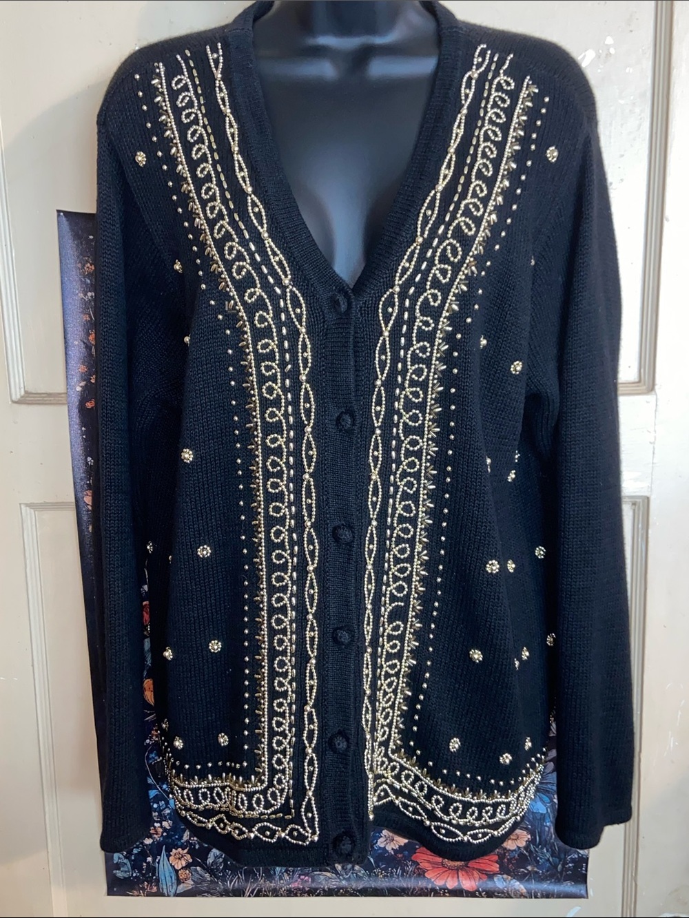 VTG DONNKENNY BEADED CARDIGAN SWEATER Gold Bling Evening Holiday